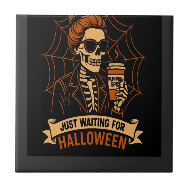 Bara väntar på Halloween-skelett Kakelplatta (Framsidan)
