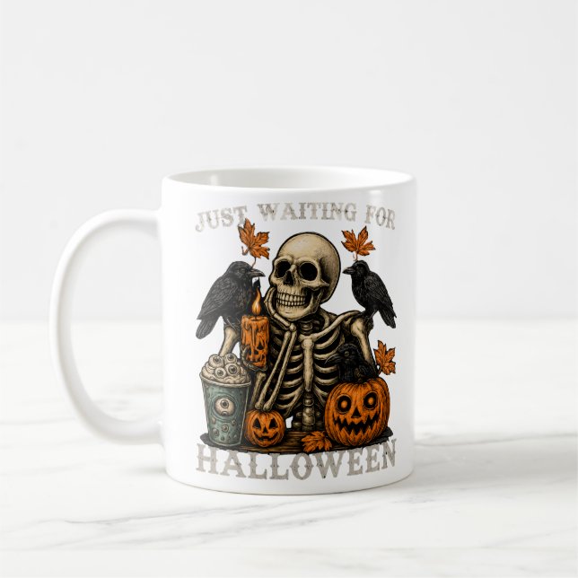Bara väntar på Halloween skelett korpar pumpa Kaffemugg (Vänster)
