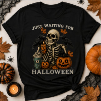 Bara väntar på Halloween skelett korpar pumpa T Shirt