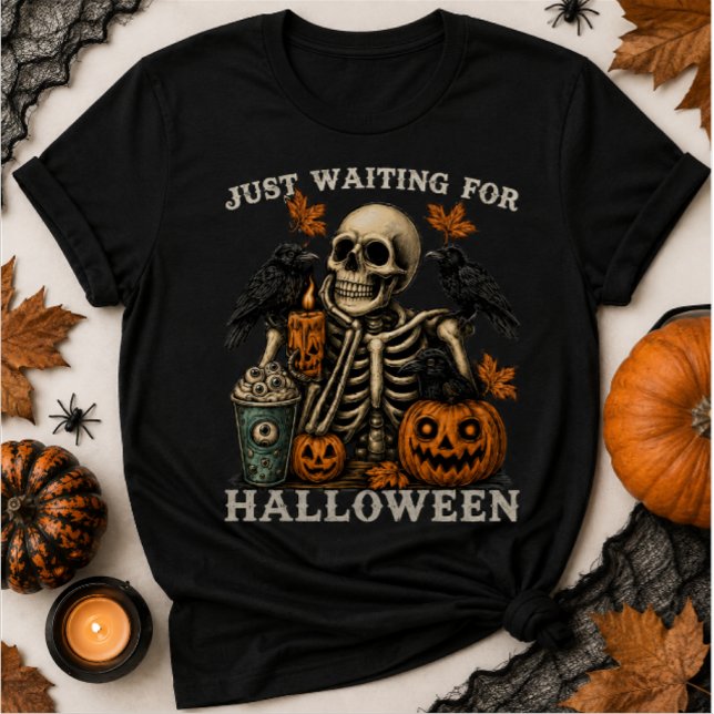 Bara väntar på Halloween skelett korpar pumpa T Shirt (Skapare uppladdad)
