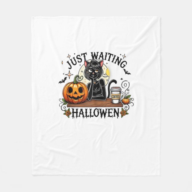 Bara väntar på Halloween Svart katt dam Iskaffe Fleecefilt (Framsidan)