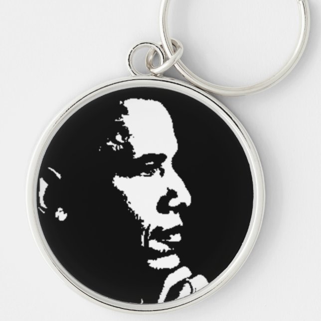 Barack Obama Black & White-profil Rund Silverfärgad Nyckelring (Framsidan)