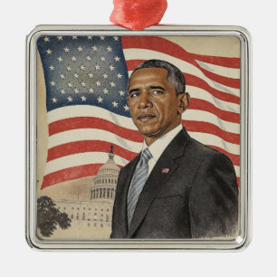 Barack Obama framför amerikansk flagga och Capitol Julgransprydnad Metall