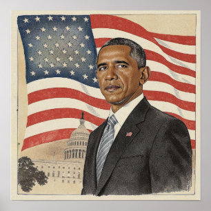 Barack Obama framför amerikansk flagga och Capitol Poster