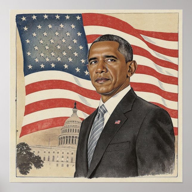 Barack Obama framför amerikansk flagga och Capitol Poster (Framsidan)