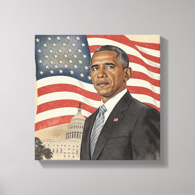 Barack Obama in front of American Flag and Capitol Canvastryck (Framsida)