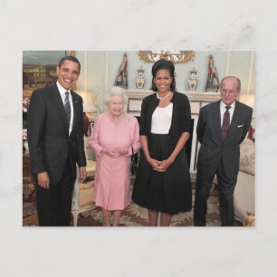 Barack och Michelle med drottning Elizabeth Vykort