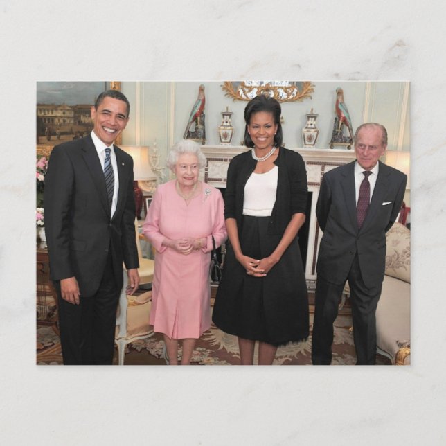 Barack och Michelle med drottning Elizabeth Vykort (Framsida)