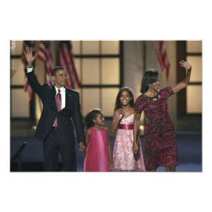 Barak Obama familjen vinkar på den sista natten av Fototryck