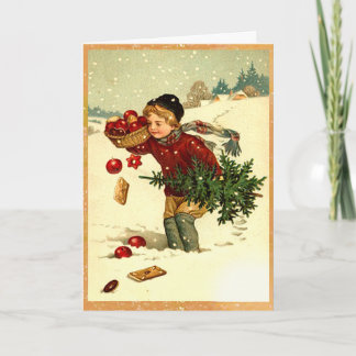 Bärande julgran för gullig vintageVictorianpojke Helgkort