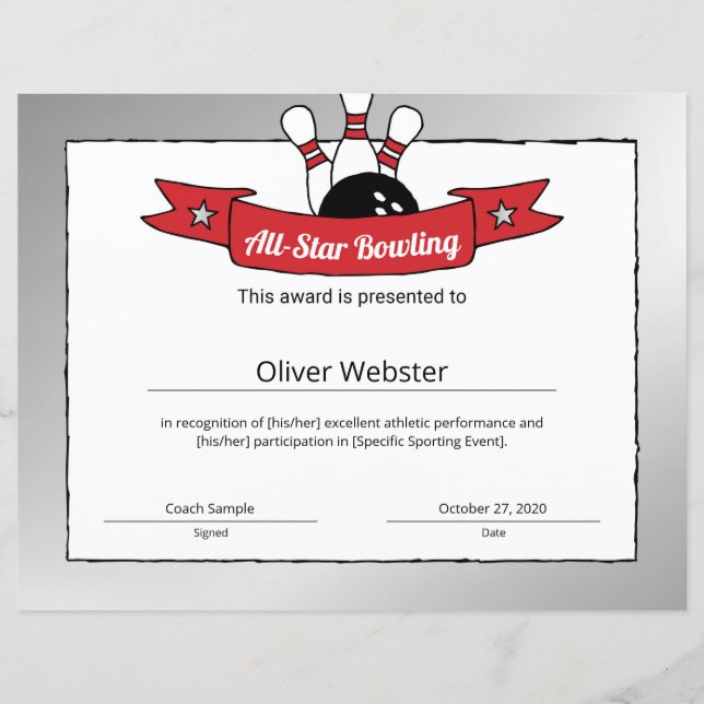 Bärarcertifikat för allt-Star Bowling Player Award (Framsida)
