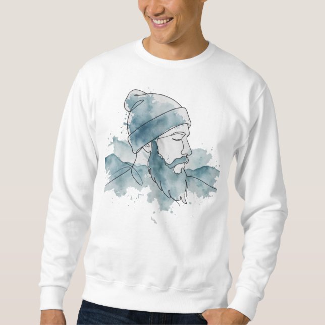 Barba Beanie Akvarell Blå Lång Ärmad Tröja (Framsida)