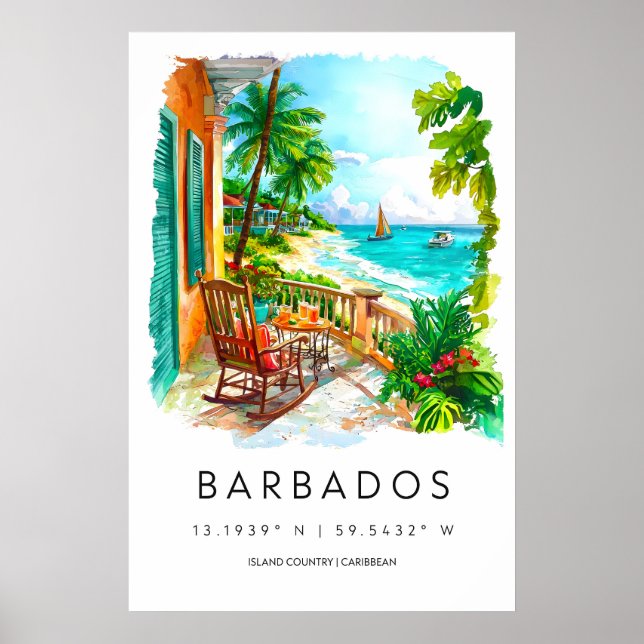 Barbados akvarellaffisch Barbados resetryck Poster (Framsidan)