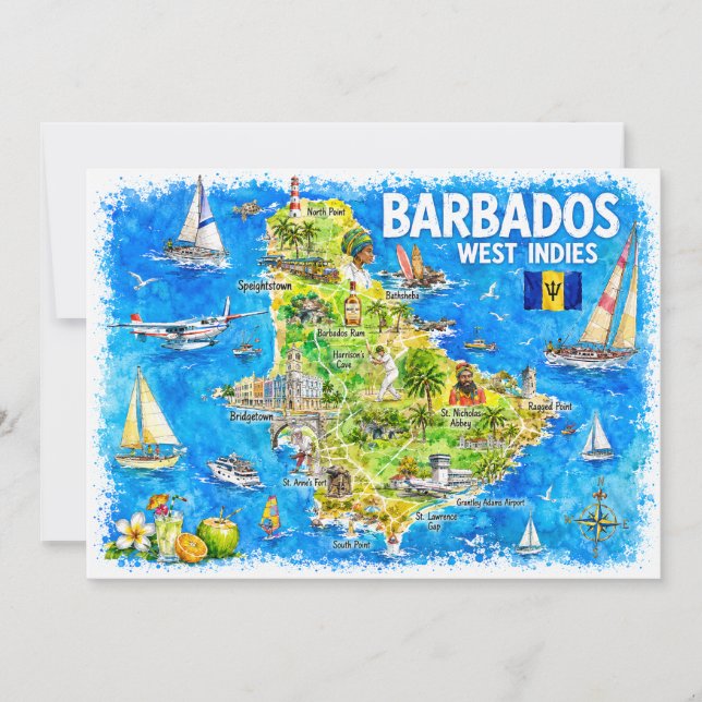 Barbados Antillerna Illustrerad Karibisk vykort (Framsida)