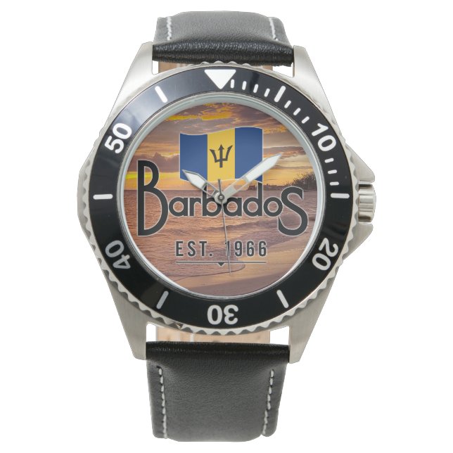 "Barbados Est. 1966" Solnedgång Med Barbadisk Flag Armbandsur (Framsida)