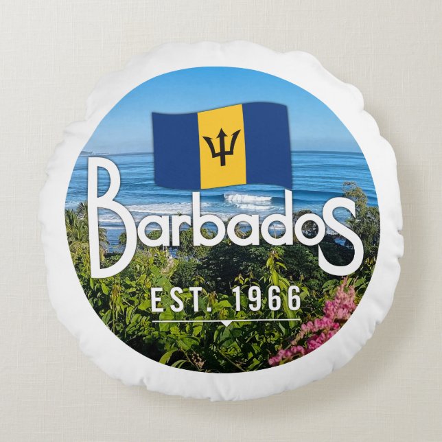 "Barbados Est. 1966-tums Kusten-Öster med Flagga Rund Kudde (Framsidan)