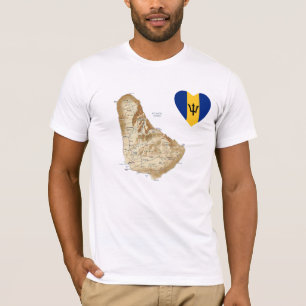 Barbados Flagga Heart + Karta T-Shirt