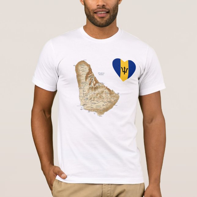 Barbados Flagga Heart + Karta T-Shirt (Framsida)