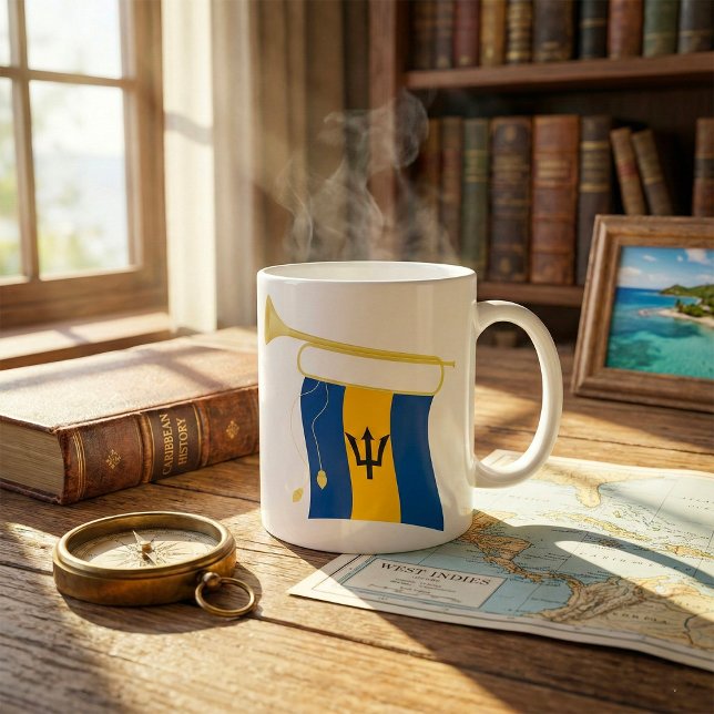 Barbados-Flagga med Bugle Patriotic Västindien Kaffemugg (Skapare uppladdad)