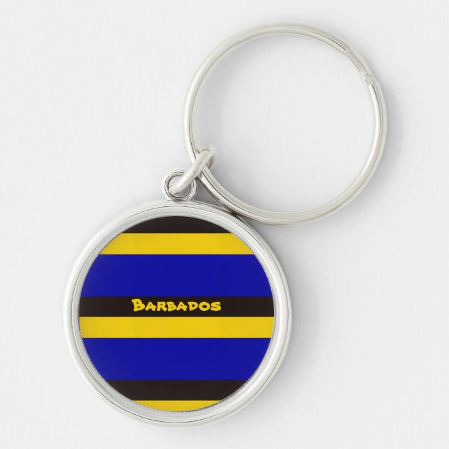 Barbados Flagga Rand Färg Rund Silverfärgad Nyckelring (Framsidan)