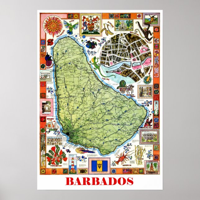 Barbados, karta, attraktion, vintage poster (Framsidan)