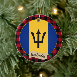 Barbados, Red buffalo plaid & Barbados Flagga Julgransprydnad Keramik