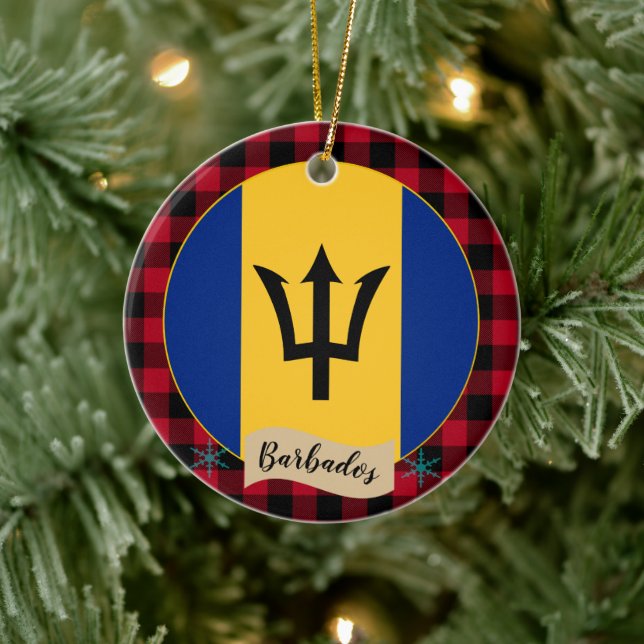Barbados, Red buffalo plaid & Barbados Flagga Julgransprydnad Keramik (Träd)