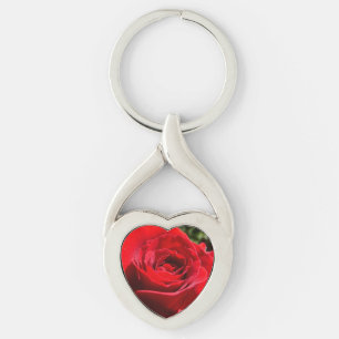 Bärbar Blommigt i Röd ros Twisted Heart Silverfärgad Nyckelring