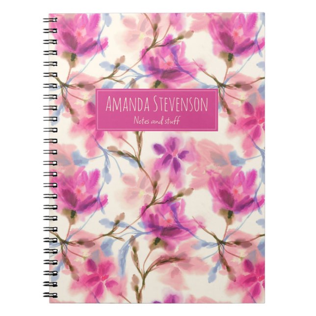 Bärbar blommönster med rosa vattenfärg anteckningsbok (Framsidan)