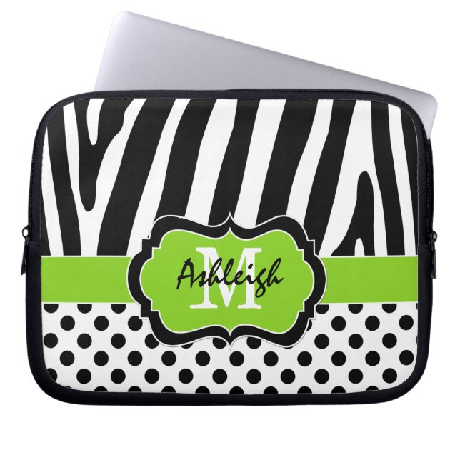 Bärbar dator i Lime Black Zebra ränder Polka dots  Laptop Fodral (Framsidan)