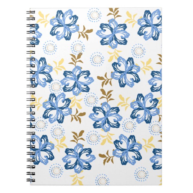 Bärbar dator med blå Blommönster och Guld Anteckningsbok (Framsidan)