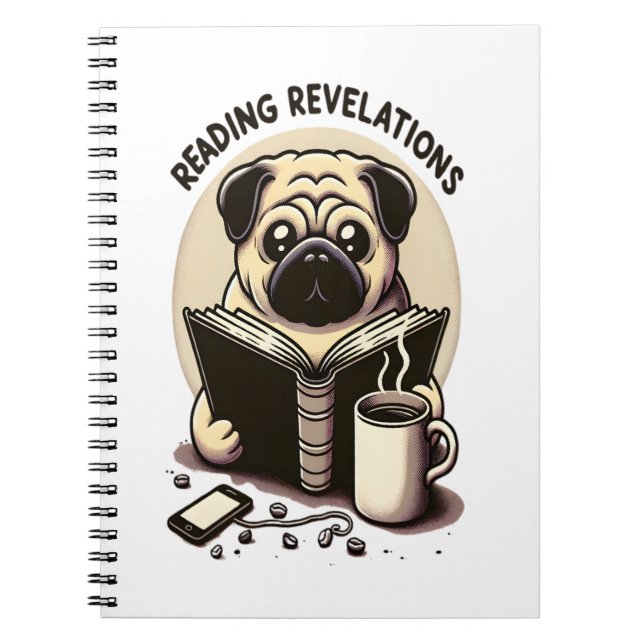 Bärbar dator med pug, kaffe och bok anteckningsbok (Framsidan)