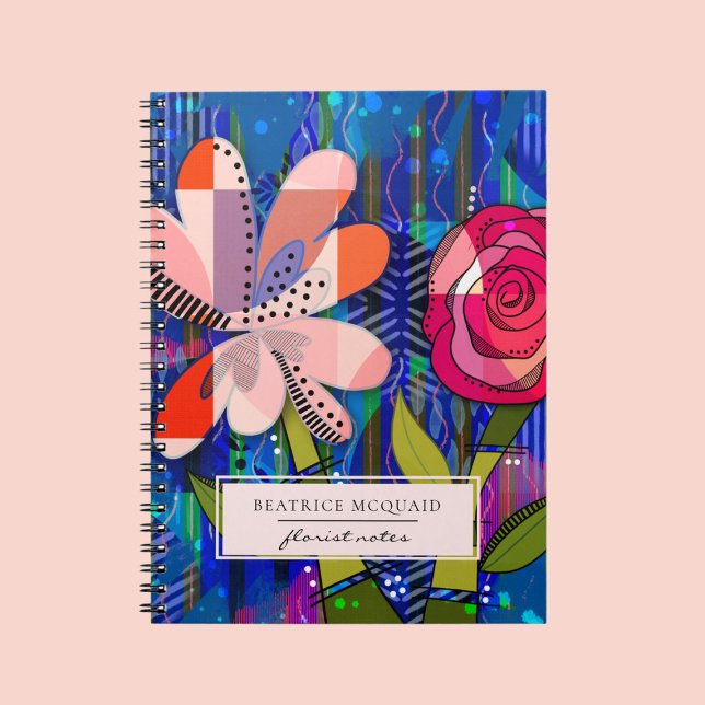 Bärbar dator med  rosa, blå abstrakt, modern blomm anteckningsbok (Skapare uppladdad)