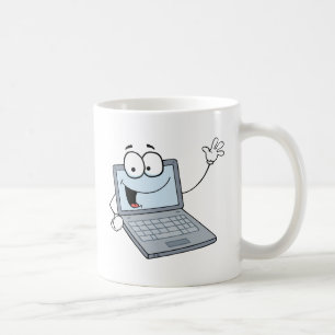 Bärbar datortecknade figurer som vinkar en kaffemugg