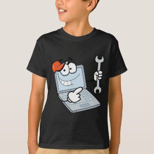 Bärbar datortecknade figurerinnehav en rycka tee shirt