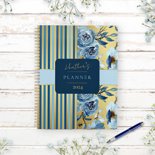 Bärbar elegant Blått Guld Blommigt Rand Journal Anteckningsbok