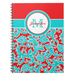 Bärbar personlig Blue Red White Damask Anteckningsbok