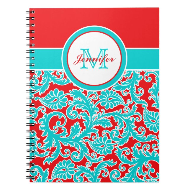 Bärbar personlig Blue Red White Damask Anteckningsbok (Framsidan)