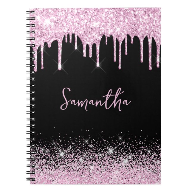Bärbar Rosa Black Glitter Glam Namn-dator Anteckningsbok (Framsidan)