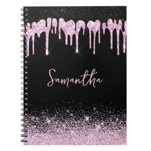Bärbar Rosa Black Glitter Glam Namn-dator Anteckningsbok (Framsidan)