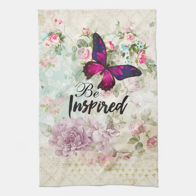 Bärbar Shabby Collage for Quote & Rosa Butterfly Kökshandduk (Vertikal)