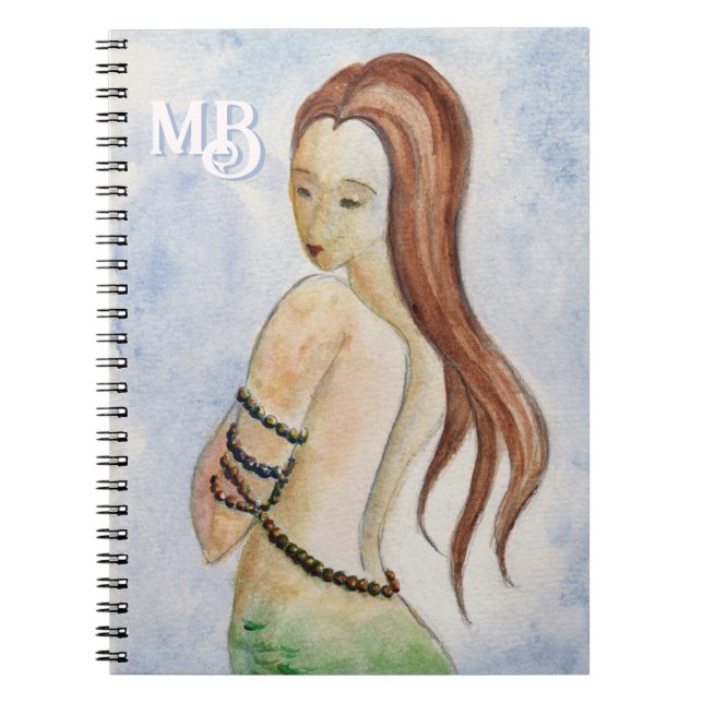 Bärbar Sjöjungfru i vattenfärgen Monogram Spiral Anteckningsbok (Framsidan)