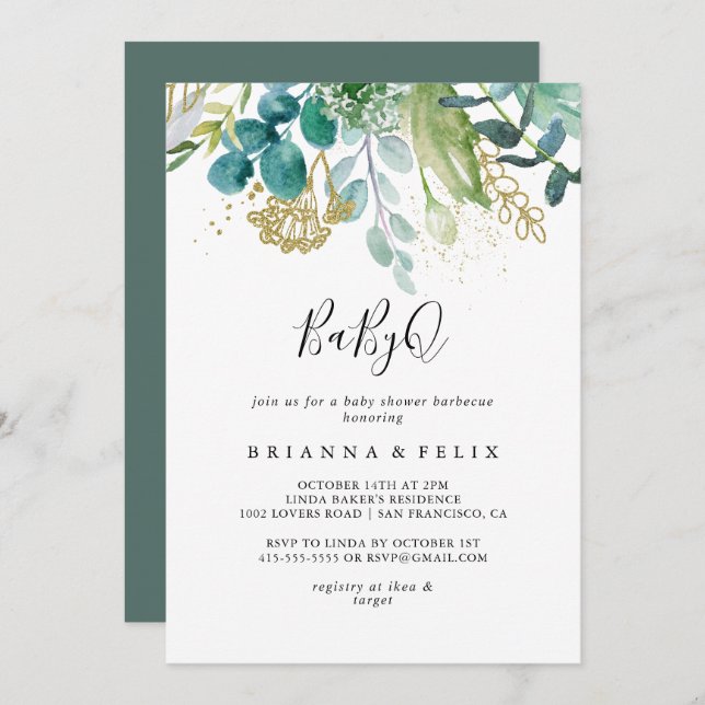 Barbecue Barbecue i guld Blommigt Tropical BabyQ B Inbjudningar (Fram/baksida)