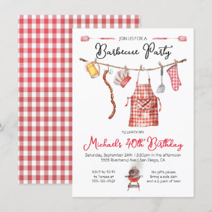 Barbecue BBQ Birthday red Gingham Inbjudningar