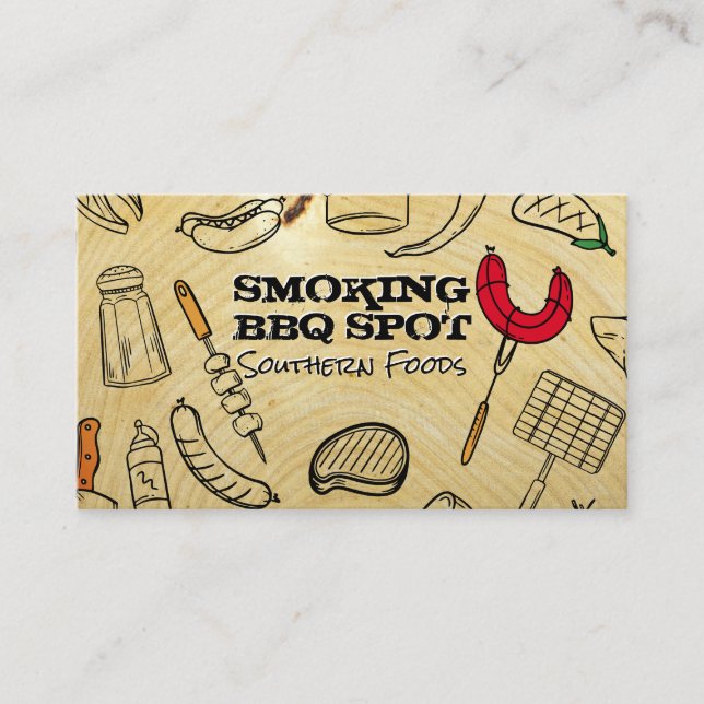 Barbecue Cooking Pattern | Wood Grain Background Visitkort (Framsida)