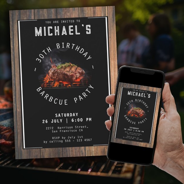 Barbecue Rustic 30års födelsedag Party Inbjudningar (Rustic 30th Birthday Barbecue Party Modern Invitation)