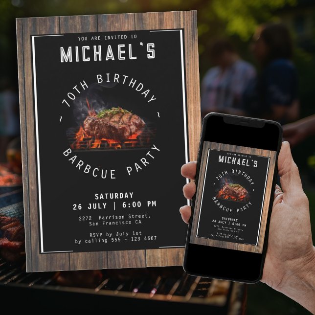 Barbecue Rustic 70:e Födelsedagsfesten Inbjudningar (70th Birthday Barbecue Party Modern Rustic Invitation)