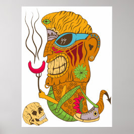 Barbecue Tiki Monster med Sause och Human Skull Poster