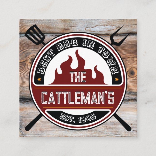 Barbecue Verktyg | Rustic Wood Square Affärskort Fyrkantigt Visitkort (Framsida)