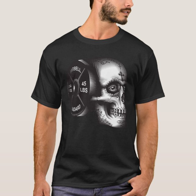 Barbell Plate and Skull - Workout Gym Motivational T Shirt (Framsida)